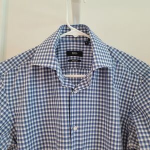Boss Blue and White Gingham Men's Shirt 15 Regular Fit